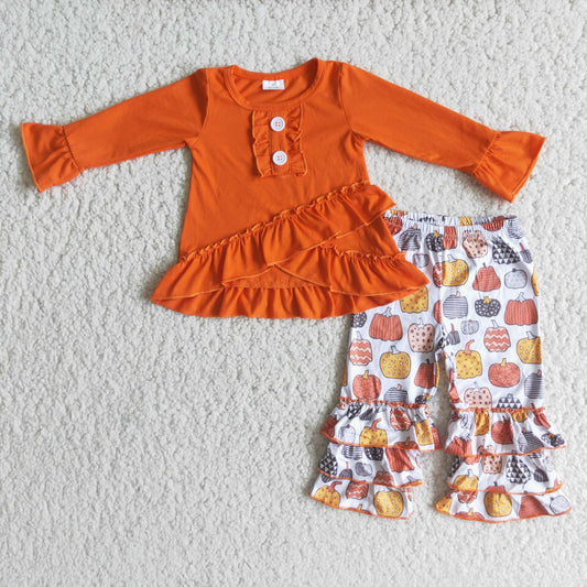 Fall Adorable Ruffles Long Sleeve Cotton Match Pants Casual Girls Outfits
