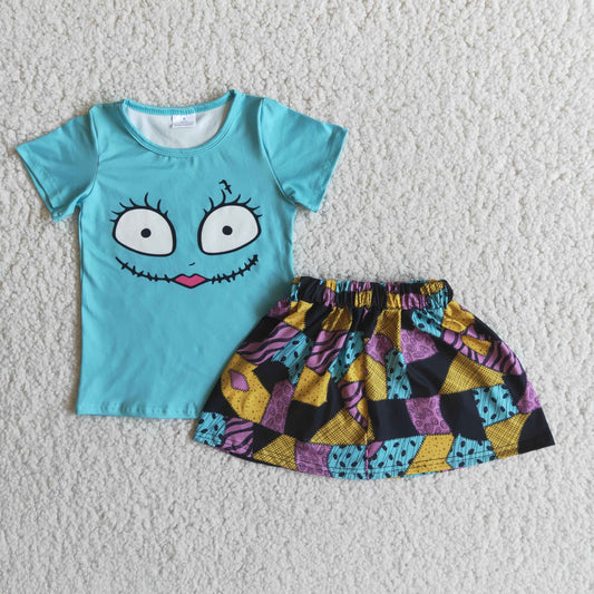 E2-13 Halloween Blue Cartoon Girls Short Sleeve With Skirt Dress Outfits