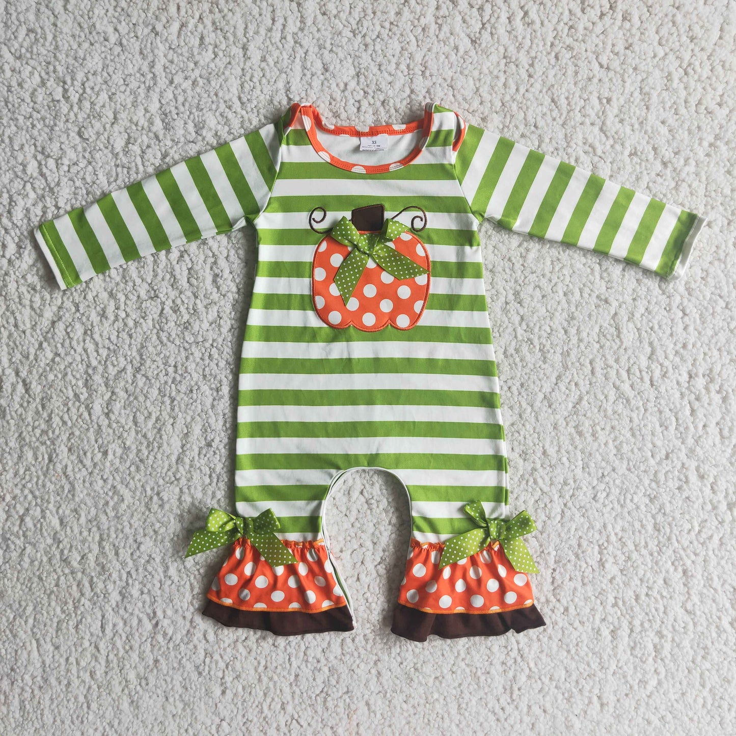 6 A10-26 Halloween Pumpkin Orange Green Stripes  Embroidery Girls Long Sleeve Romper