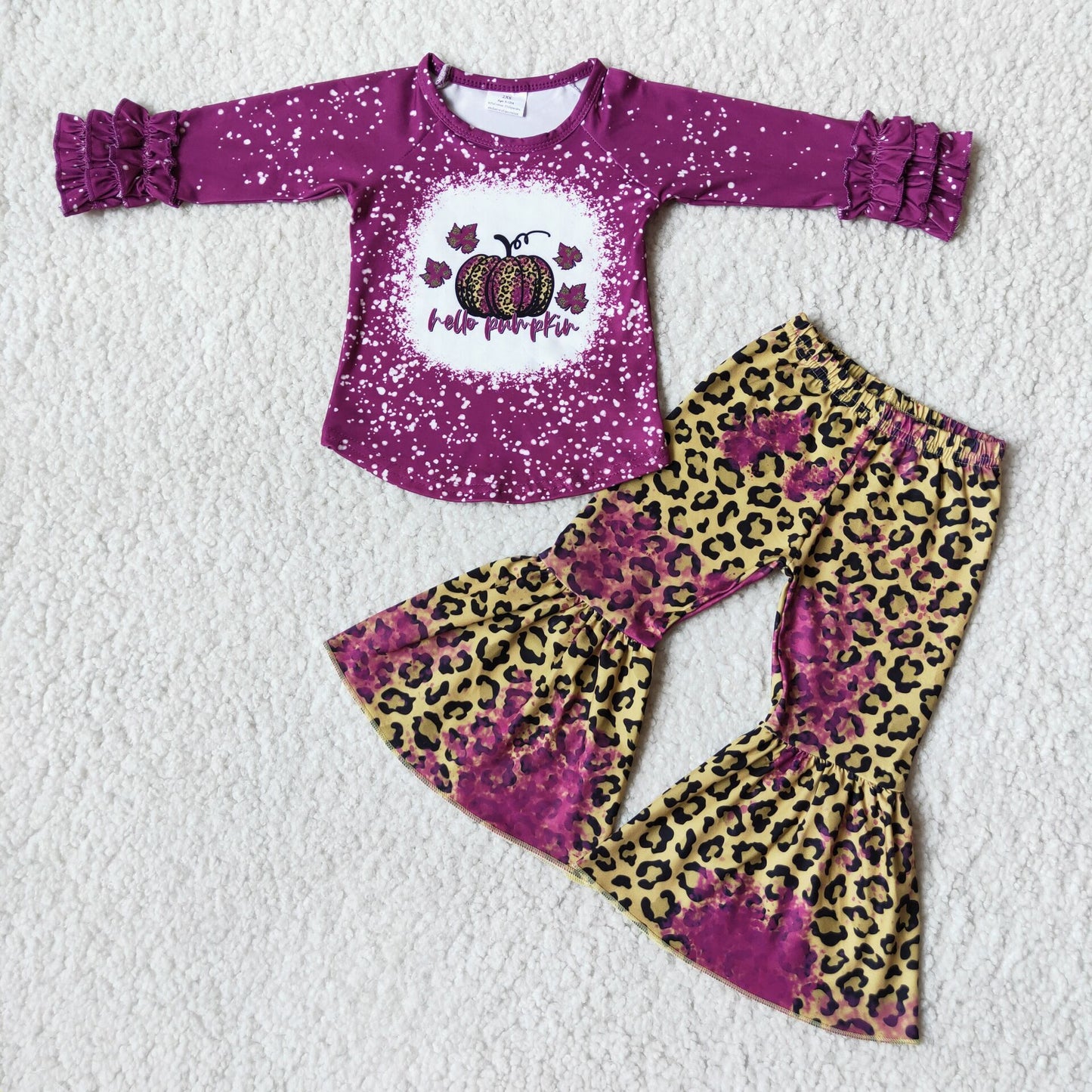 Bleach Design Fall Pumpkin Long Sleeve Match Leopard Print Pants Baby Girls Outfits