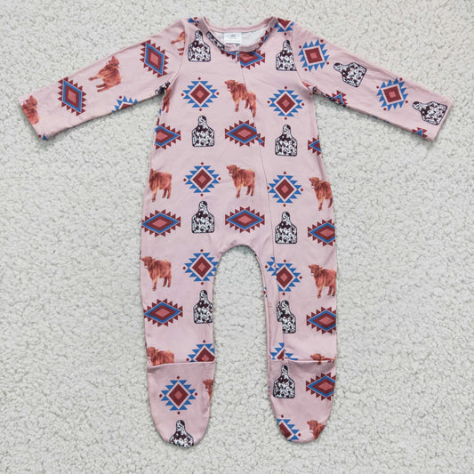 LR0224 Pink Highland Cow head Western Zipper Girls Long Sleeve Romper