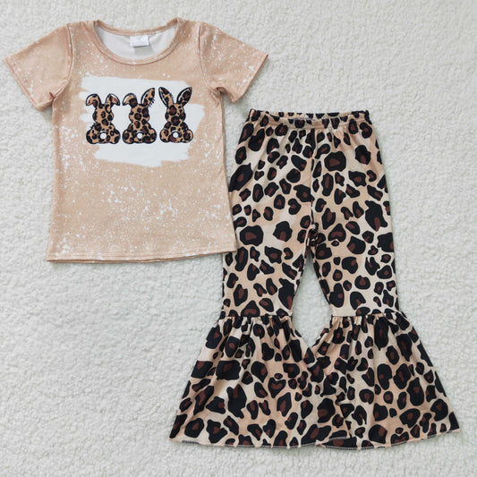 GSPO0245 Easter Rabbits Leopard Yellow Girls Short Sleeve Bell Bottom Pants Outfits