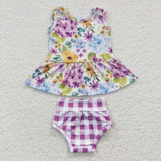 GBO0086 Purple Floral Plaid Girls Short Sleeve Bummies Outfits