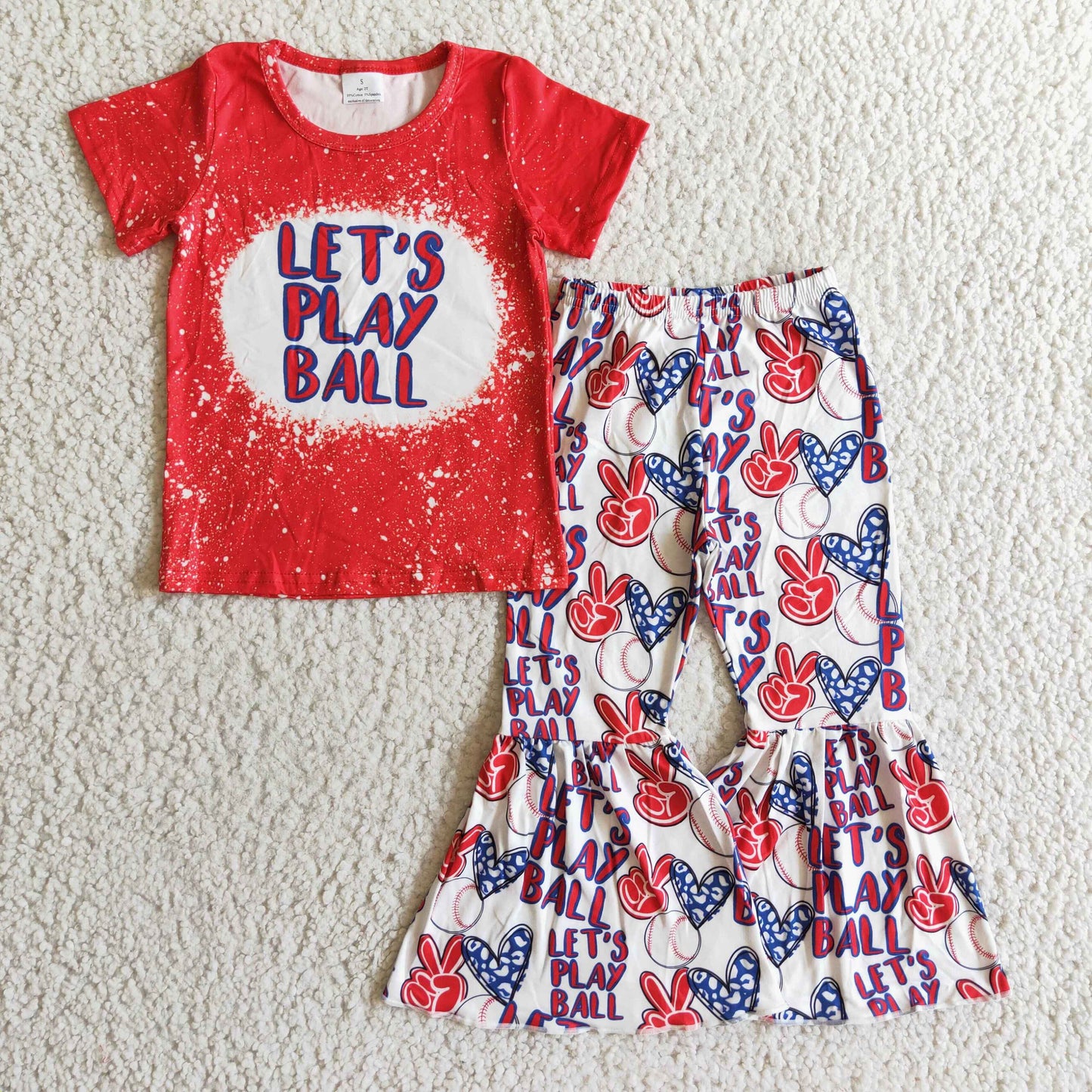 B0-12 Let's Play Ball Peace Love Baseball Red Girls Short Sleeve Pants Outfits