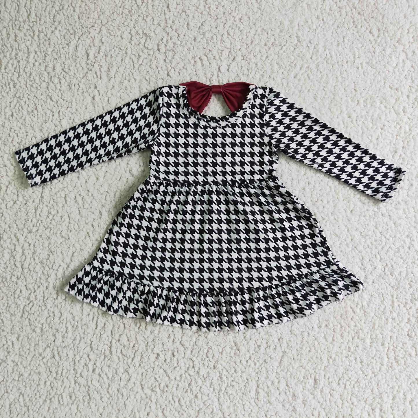 GLD0109  Red Black Plaid Girls Long Sleeve Dresses