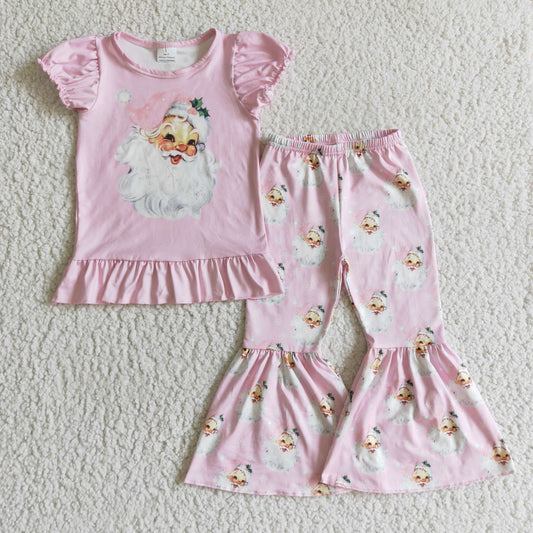 GSPO0202 Christmas Pink Santa Girls Short Sleeve Bell Bottom Pants Outfits