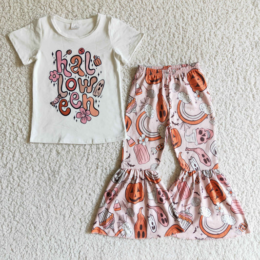 GSPO0184 Halloween Pumpkin Cake Rainbow Pink Orange Girls Short Sleeve Bell Bottom Pants Outfits