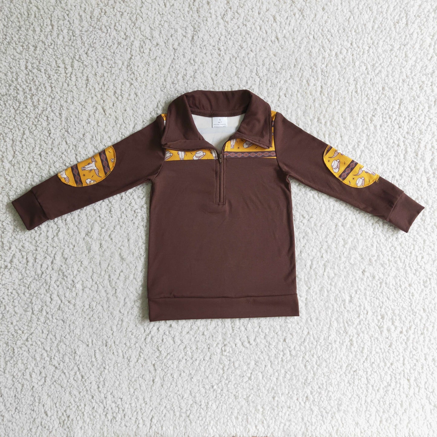 BT0088 Brown Highland Cow Head Western Boys Long Sleeve Top Collar Polo Pullover T-Shirts