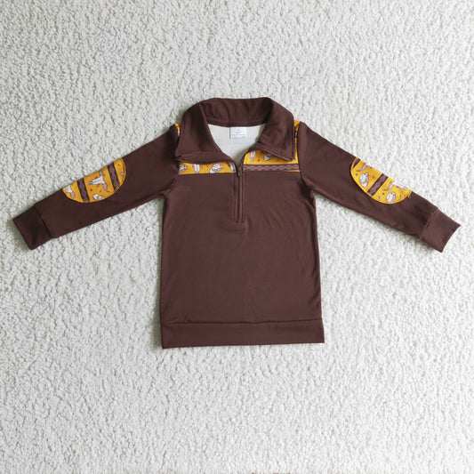 BT0088 Brown Highland Cow Head Western Boys Long Sleeve Top Collar Polo Pullover T-Shirts