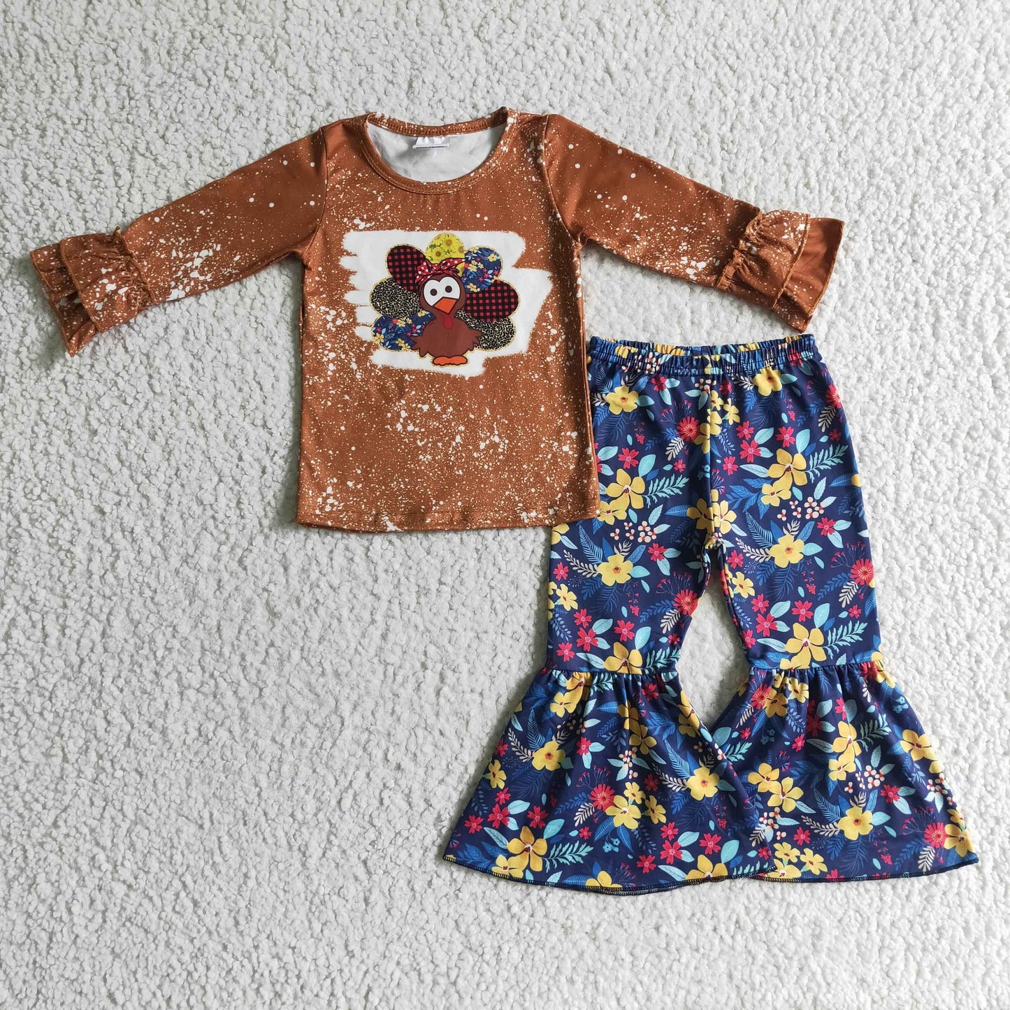 GLP0241 Thanksgiving Turkey Brown Floral Girls Long Sleeve Bell Bottom Pants Outfits