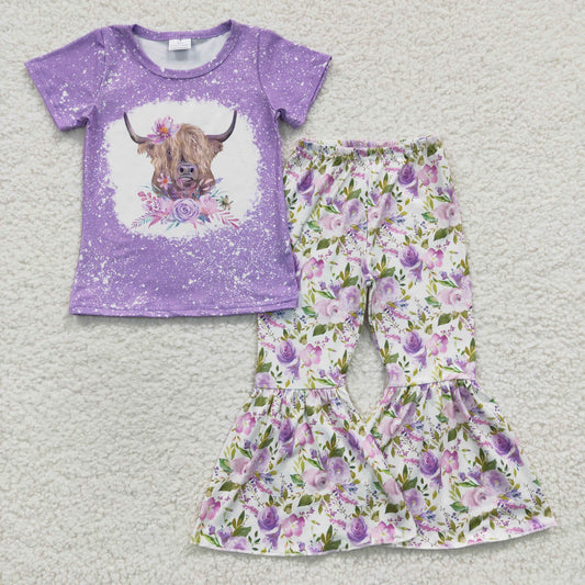 promotion RTS GSPO0264 Purple Highland Cow Floral Girls Short Sleeve Bell Bottom Pants Outfits