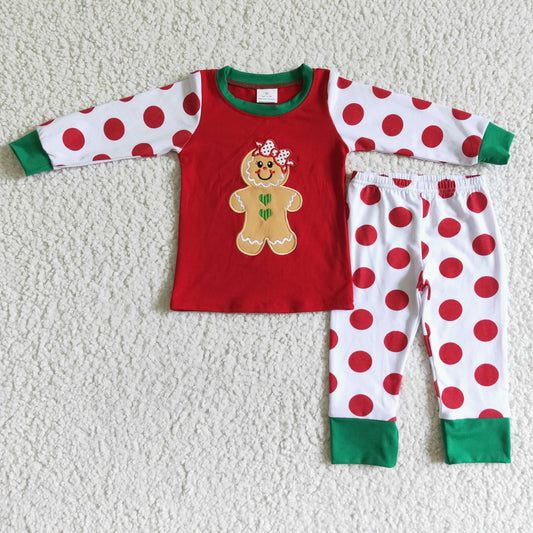 6 A12-20 Christmas Embroidery Gingerbread Red Girls Long Sleeve Pajamas