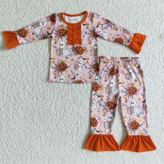 GLP0135 Halloween Pumpkin Ghost Cartoon Orange Girls Long Sleeve Pajamas