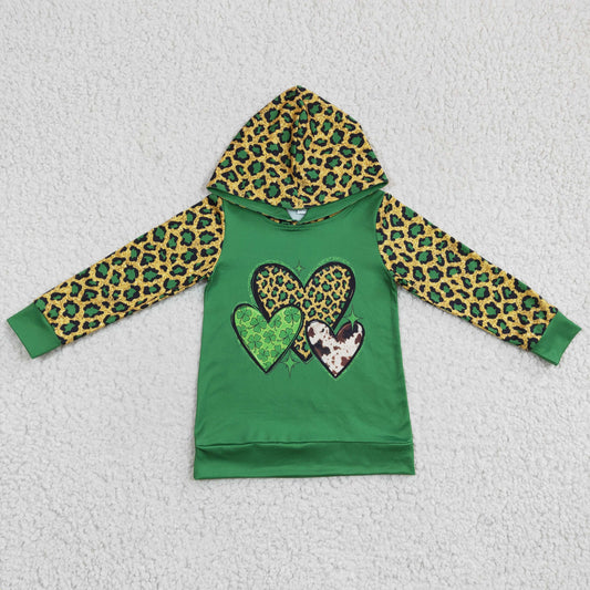 GT0074 St. Patrick Green Clover Love Leopard  Girls Long Sleeve Hoodies Top