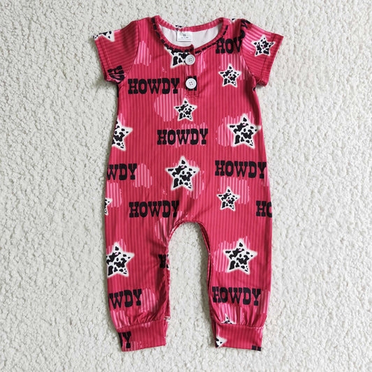 SR0073 Howdy Cowboy Cow Western Red Starts Girls Short Sleeve Romper