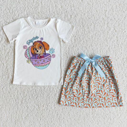 Clearance E10-1 Easter Dog Carrot Girls Short Sleeve With Skirt Dress Outfits