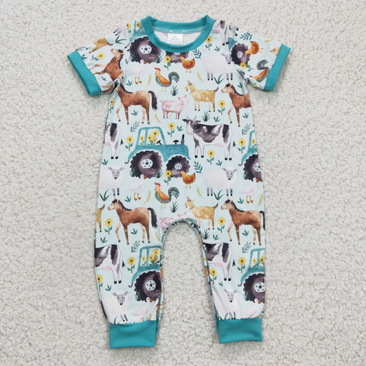 SR0130 Blue Farm Horses Pig Chicken  Boys Short Sleeve Romper