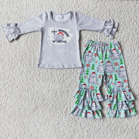 Clearance 6 C9-39 Christmas Grey Green Hippo Girls Long Sleeve Bell Bottom Pants Outfits