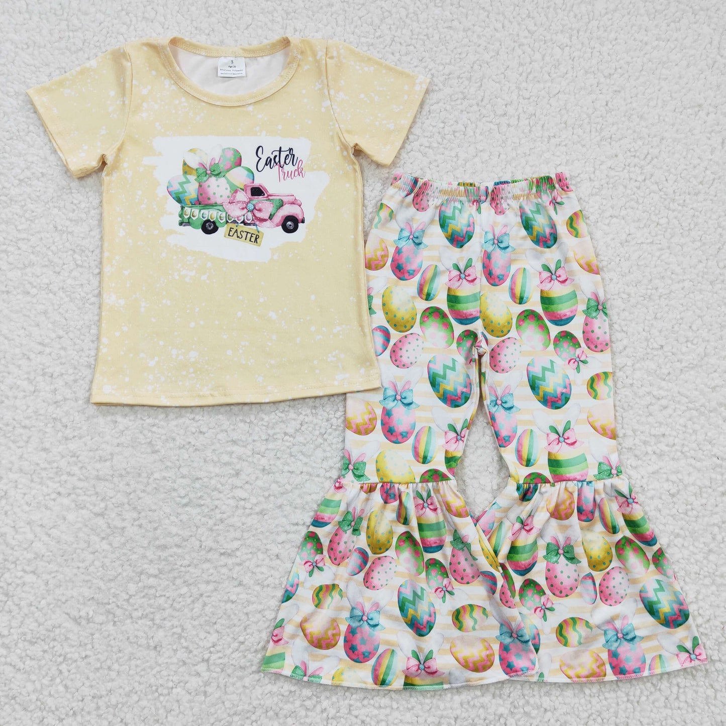 Clearance E10-13 Easter Truck Yellow Bleach Girls Short Sleeve Bell Bottom Pants Outfits