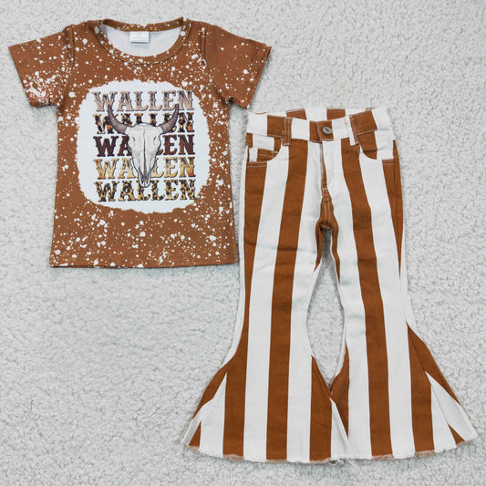 GSPO0409  2Pcs GT0115 Brown Bleach Wallen Highland Cow Top + Brown Stripes Denim Girls Short Sleeve Bell Bottom Pants Outfits