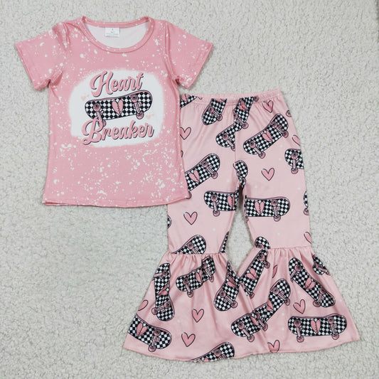 GSPO0320 Valentine Love Pink Bleach Heart Breaken Skateboard Girls Short Sleeve Bell Bottom Pants Outfits