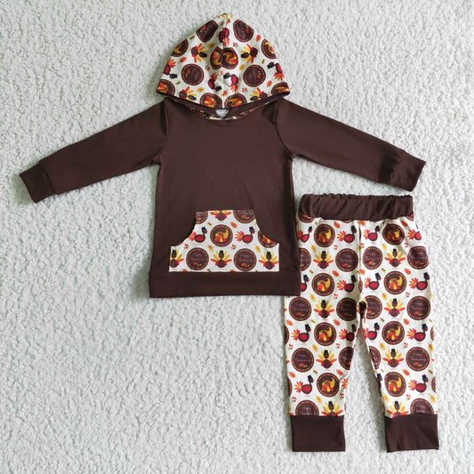 BLP0022 Happy Thanksgiving Turkey Brown Pockets Boys Long Sleeve Hoodies Outfits