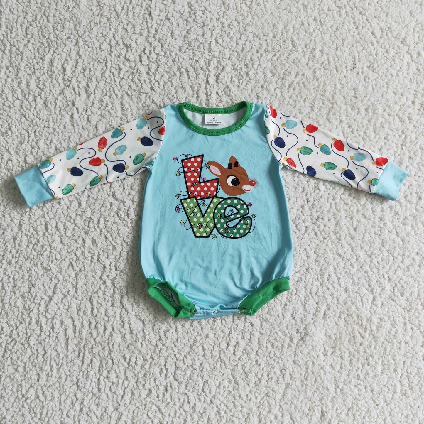 LR0156 Christmas Love Deer Blue Green Cartoon Girls Long Sleeve Romper