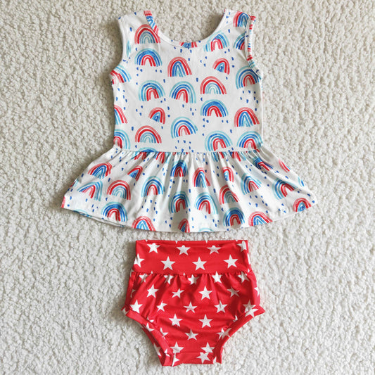 GBO0014  4th of July Rainbow Red Stars Girls Sleeveless Bummies Outfits