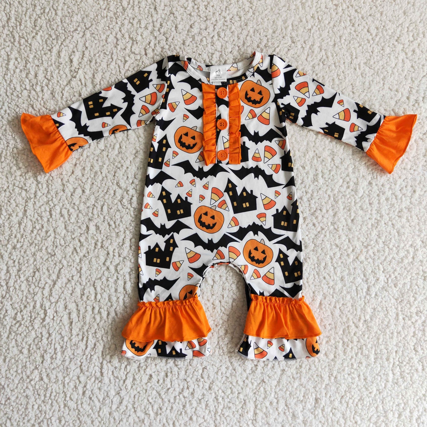 Clearance 6 A16-21 Halloween Pumpkin Bat Black Orange Girls Long Sleeve Romper