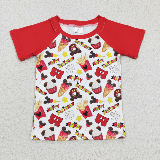 BT0138 Happy Birthday M Cartoon Red Yellow Boys Short Sleeve Top T-shirts