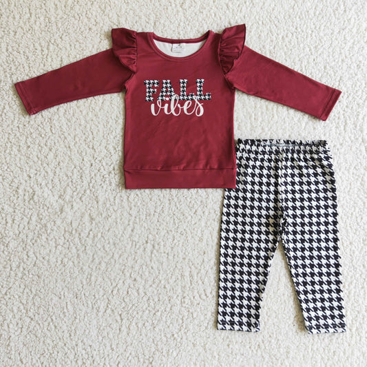 GLP0256 Red Black Plaid Fall Vibes Ruffles Girls Long Sleeve Pants Outfits