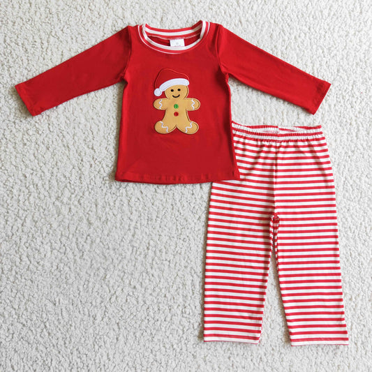 BLP0122 Christmas Red Stripes Santa Gingerbread Cake Cookies Embroidery Boys Long Sleeve Pants Outfits