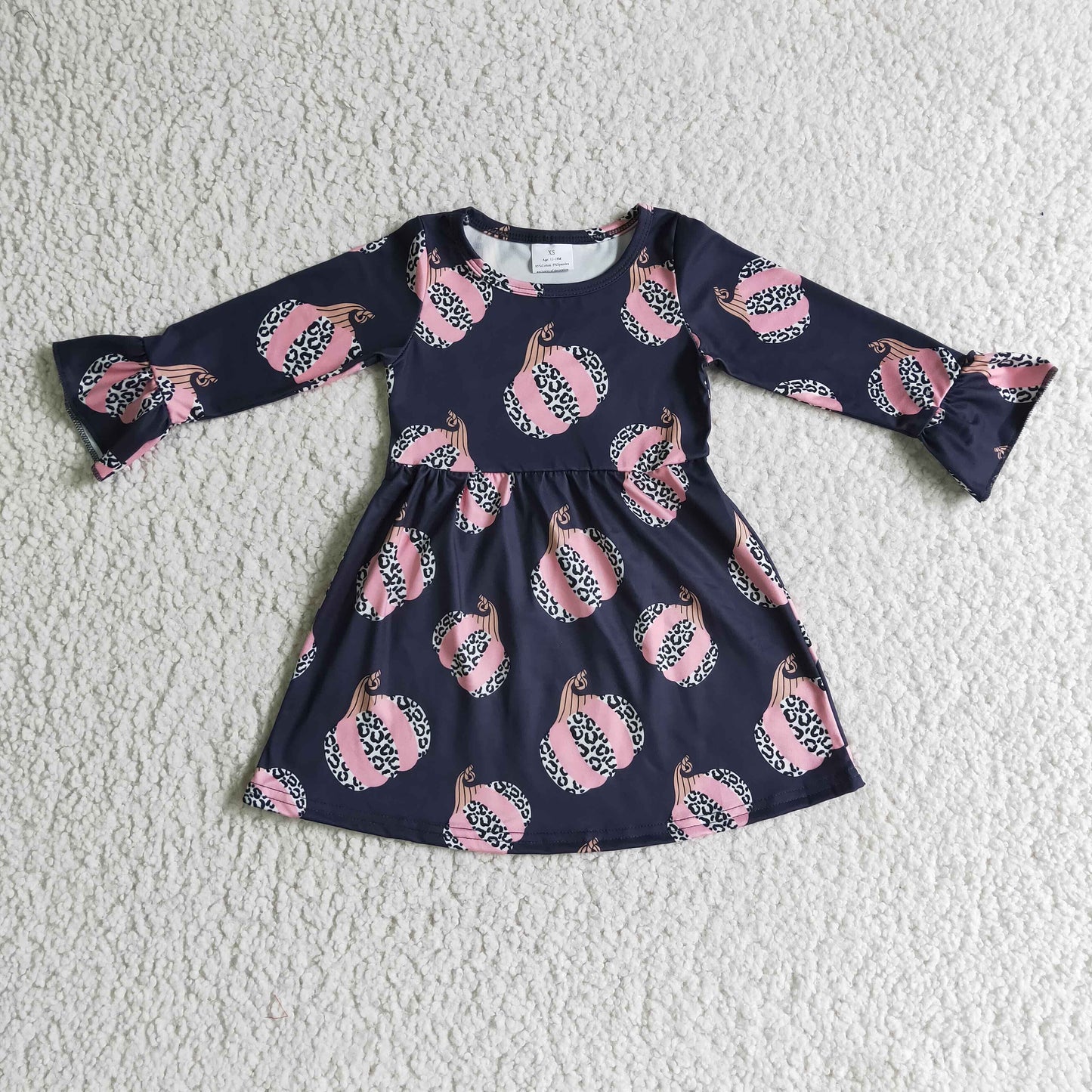 GLD0113 Halloween Pumpkin Leopard Pink Black Girls Long Sleeve Dresses