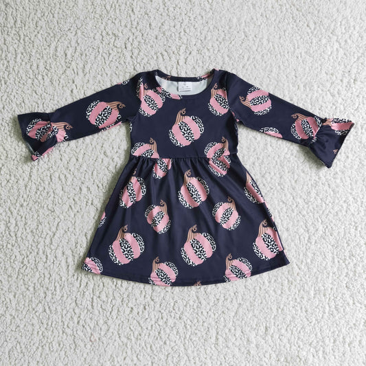 GLD0113 Halloween Pumpkin Leopard Pink Black Girls Long Sleeve Dresses