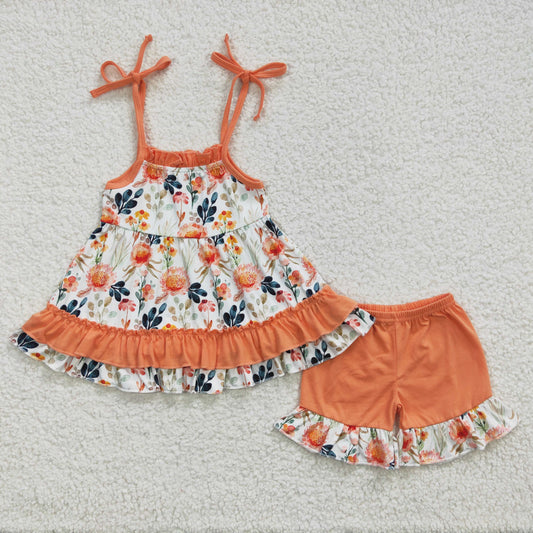 GSSO0194 Orange Highland Cow Floral Girls Sleeveless Shorts Outfits