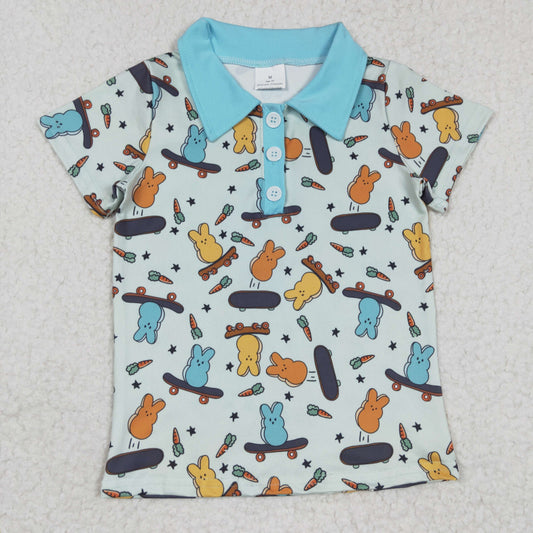 BT0170 Easter Blue Rabbit Carrot Boys Short Sleeve Top Collar T-Shirts