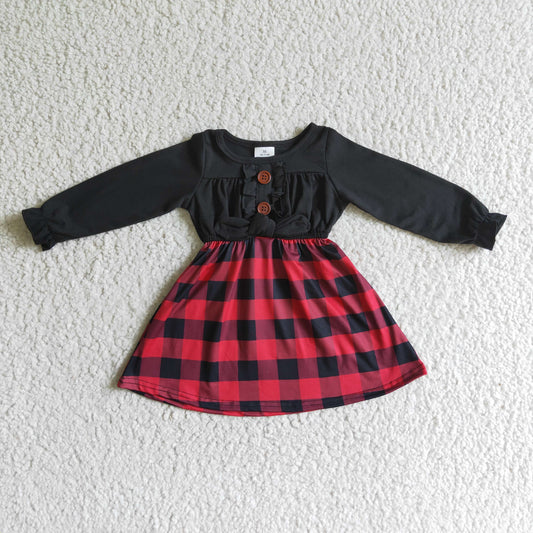 GLD0072 Christmas Red Black Plaid Girls Long Sleeve Dresses