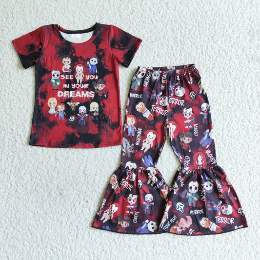 B14-1 Halloween Red Clown Cartoon Girls Short Sleeve Bell Bottom Pants Outfits