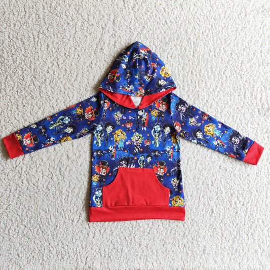 BT0031 Halloween Blue Red Cartoon Pockets Boys Long Sleeve Hoodies Top