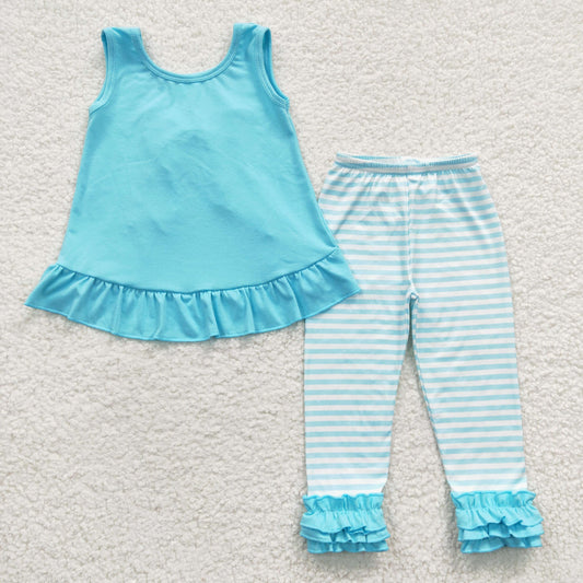 GSPO0504 Blue Stripes Bow   Girls Short Sleeve Bell Bottom Pants Outfits