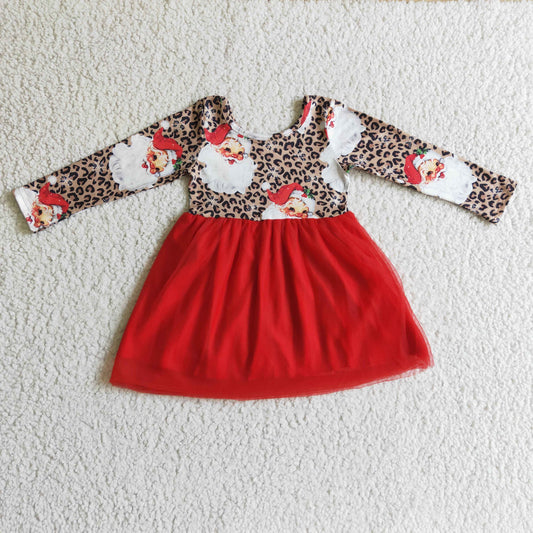 GLD0132 Christmas Santa Red Leopard Tulle Tutu Girls Long Sleeve Dresses
