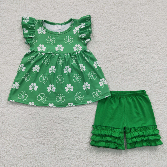 A11-21 Green St. Patrick Green Clover Girls Short Sleeve Shorts Outfits