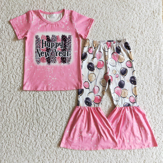 GSPO0204 Happy New Year Pink Leopard Balloon Girls Short Sleeve Bell Bottom Pants Outfits