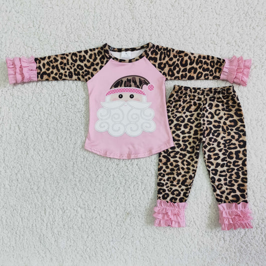 Clearance 6 A22-12 Christmas Pink Santa Leopard Print Girls Long Sleeve Pants Outfits Pajamas