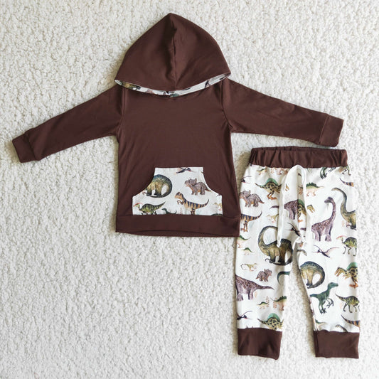 6 C8-22 Brown Dinosaur Pocket Boys Long Sleeve Hoodies Outfits