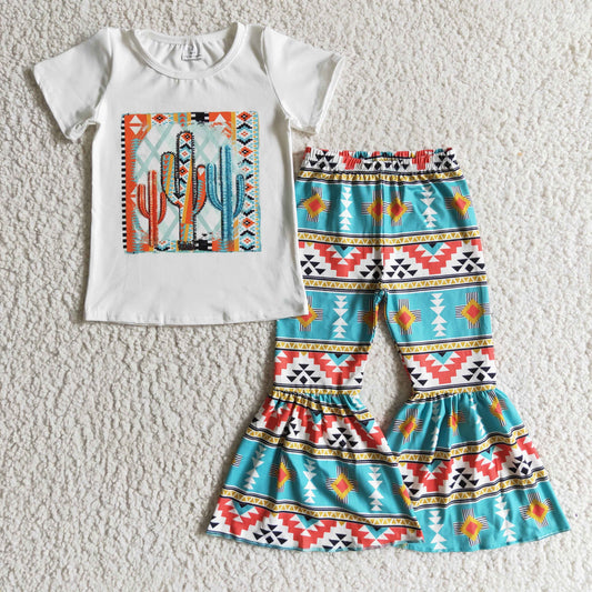 Clearance A11-15 Blue Cactus Aztec Girls Short Sleeve Bell Bottom Pants Outfits