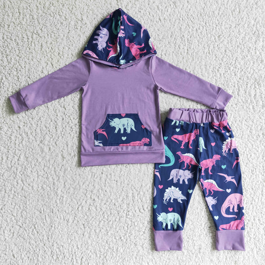 6 A18-2 Purple Dinosaur Print Girls Long Sleeve Hoodies Outfits