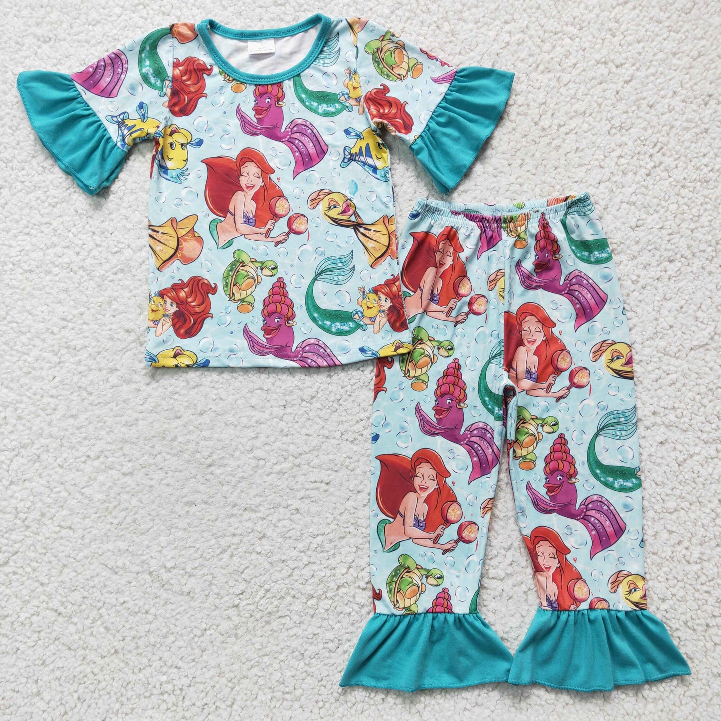 GSPO0315 Mermaid Cartoon Fish Green Blue Girls Short Sleeve Pants Outfits Pajamas