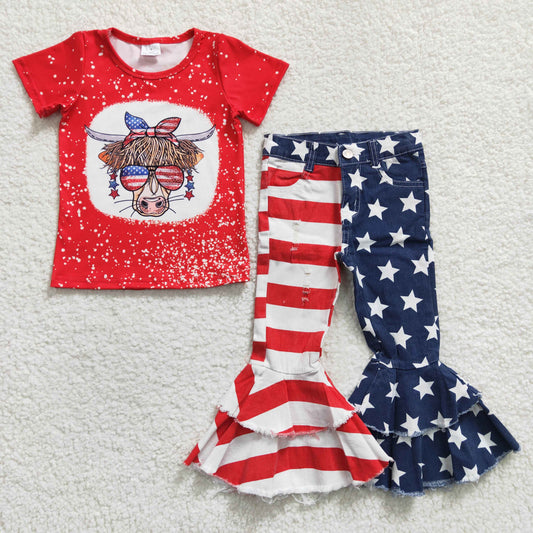 GSPO0408 2Pcs GT0114 4th Of July Red Highland Cow Top + Red Blue Starts Denim Girls Short Sleeve Bell Bottom Pants Outfits