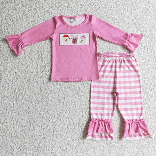 promotion GLP0315 Christmas Santa Deer Snowman Pink Plaid Girls Long Sleeve Pants Outfits